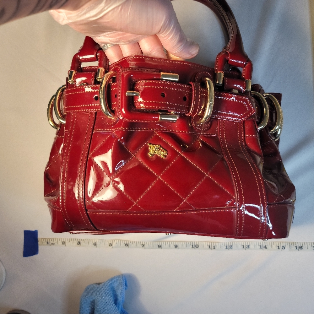 Burberry Burgundy Patent Leather Quilted Beaton Bag